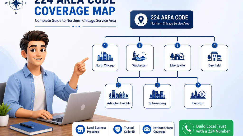 Illinois map highlighting Lake, Cook, McHenry and Kane counties with pins on Waukegan, Schaumburg, Evanston, Arlington Heights, Northbrook and Deerfield across the 224 overlay footprint