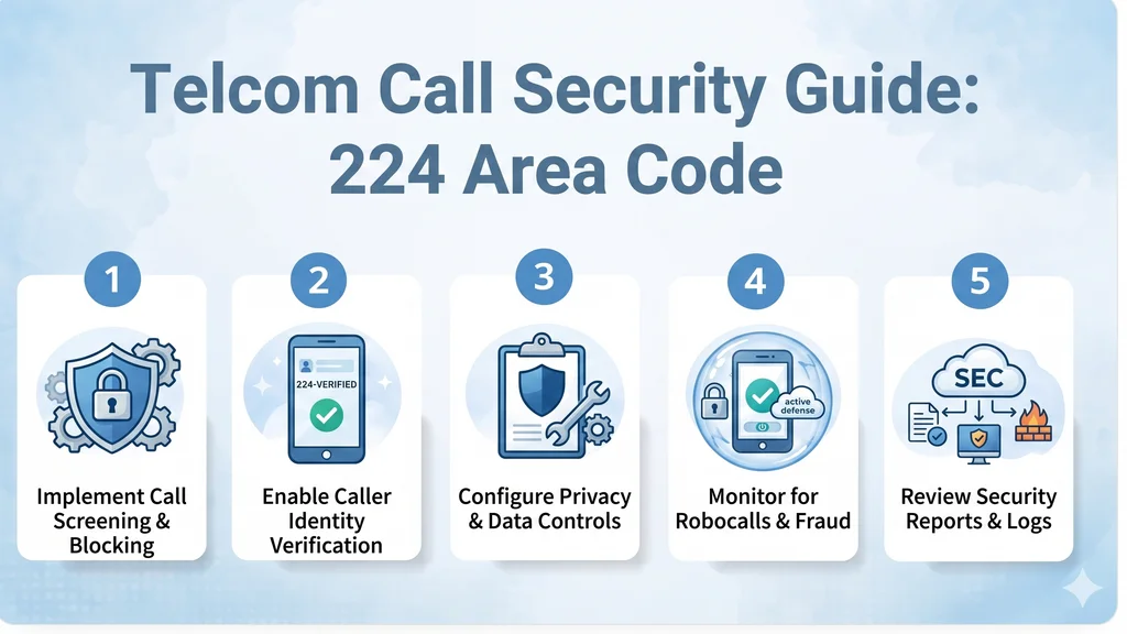 Five-step call security framework diagram for a 224 area code business number covering caller verification, call screening, privacy controls, robocall monitoring, and security reporting