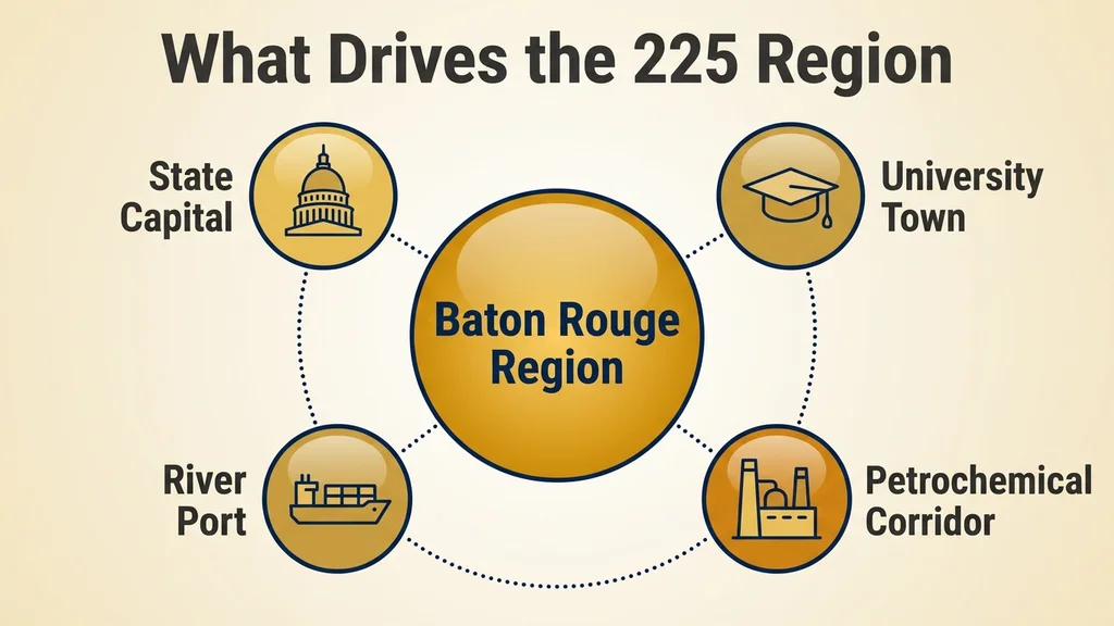 Radial hub diagram with a center circle labeled Baton Rouge Region surrounded by four spoke nodes reading State Capital, University Town, Petrochemical Corridor, and River Port