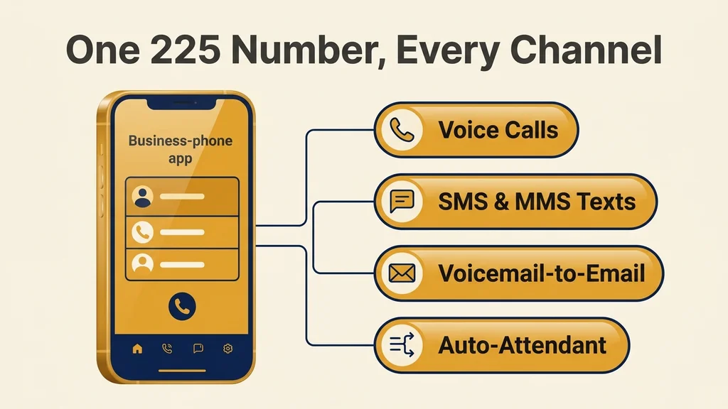 A smartphone mockup showing a 225 business line with labeled feature callouts for voice calls, SMS and MMS texting, voicemail-to-email, and an auto-attendant menu