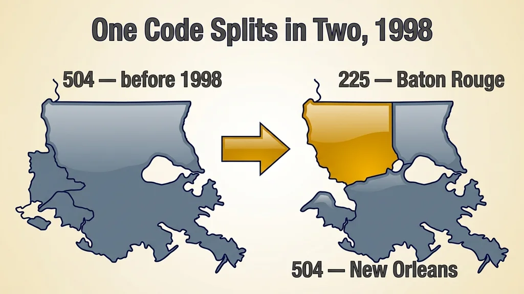 Split-map diagram showing the old 504 territory dividing in 1998, with New Orleans keeping 504 in the southeast and Baton Rouge becoming 225 to the northwest