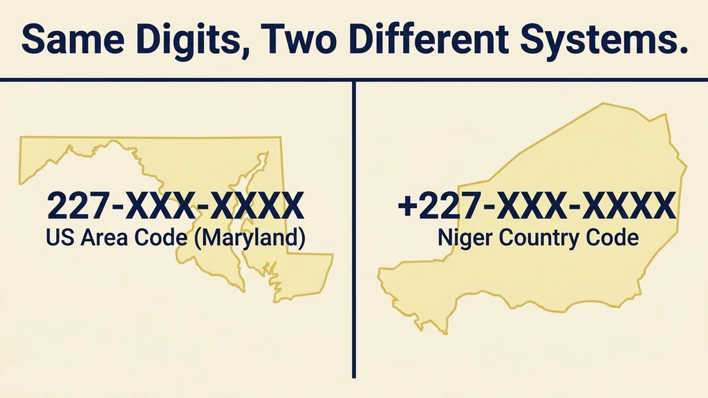 Side-by-side comparison panel contrasting a US domestic call labeled 227-XXX-XXXX with a Maryland state outline against an international call labeled plus-227-XXX-XXXX with a Niger country outline