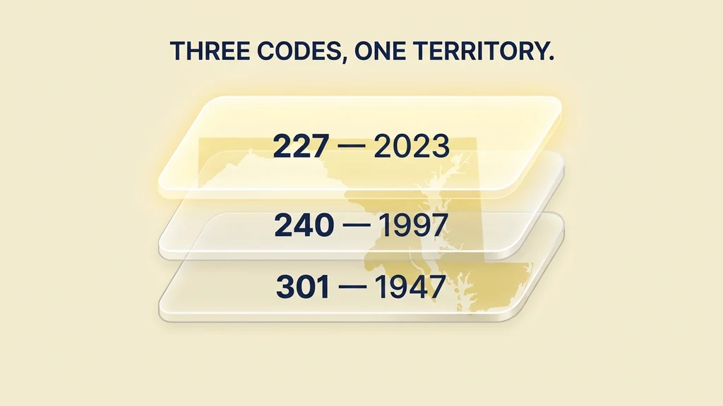 Three stacked transparent layers labeled 301 from 1947 at the base, 240 from 1997 in the middle, and 227 from 2023 on top, all aligned over the same Maryland region outline
