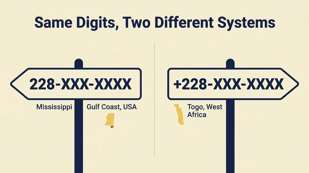 Two signposts pointing in opposite directions, one reading 228-XXX-XXXX toward a small Mississippi Gulf Coast icon, the other reading plus-228-XXX-XXXX toward a small Togo country icon