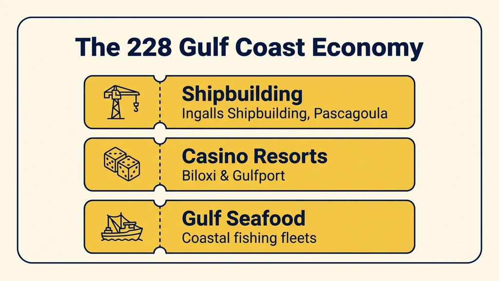 Three flat icons in a row — a shipyard crane, a casino dice icon, and a shrimp boat — each labeled with its Gulf Coast industry