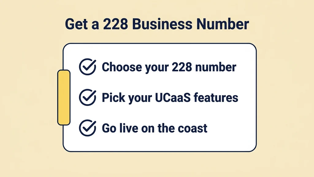 A flat checklist card with three checked-off items: choose your 228 number, pick UCaaS features, and go live on the coast