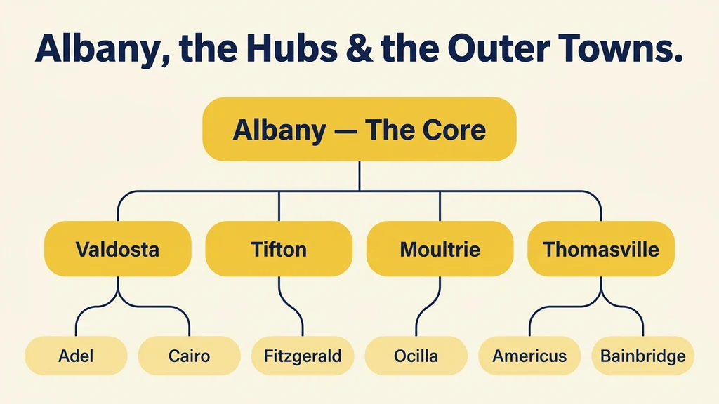 Three concentric rings diagram labeled core, regional hubs, and outer farm towns, with Albany at the center of southwest Georgia