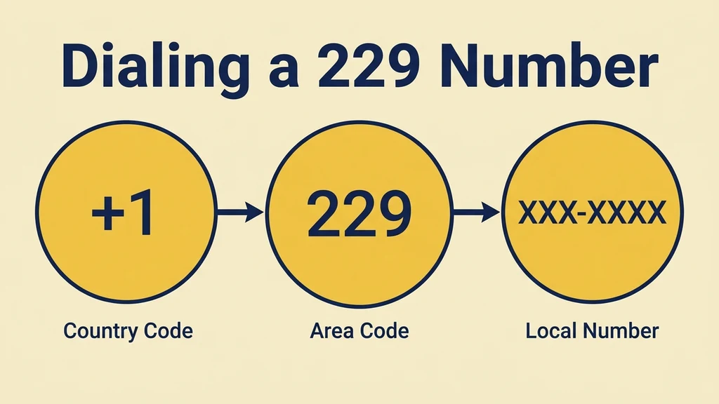 A flat dial-pad graphic showing the three-part dialing format for a 229 number: country code, area code, and local number