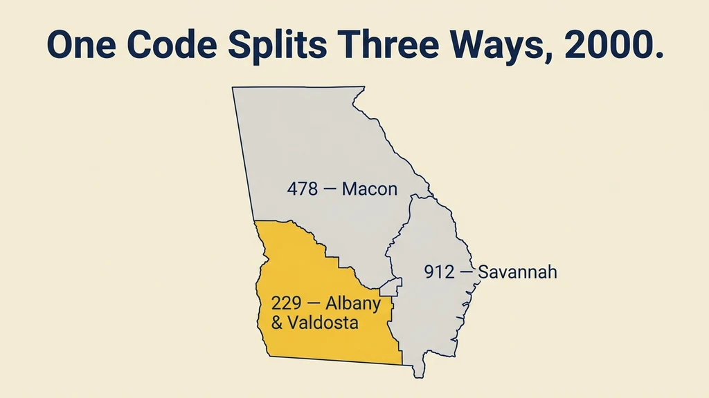 Split-map diagram showing the old 912 territory dividing three ways in 2000, with Savannah keeping 912 in the east, Macon becoming 478 in the north, and southwest Georgia becoming 229