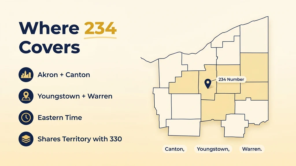 Map of northeast Ohio with pins marking Akron, Canton, Youngstown, and Warren, highlighting the 234/330 overlay territory