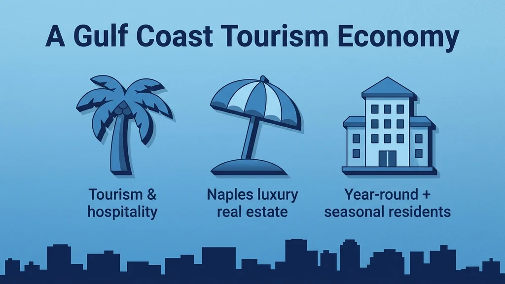 Illustrated palm tree and beach umbrella icons representing Southwest Florida's tourism and hospitality-driven economy in the 239 area code