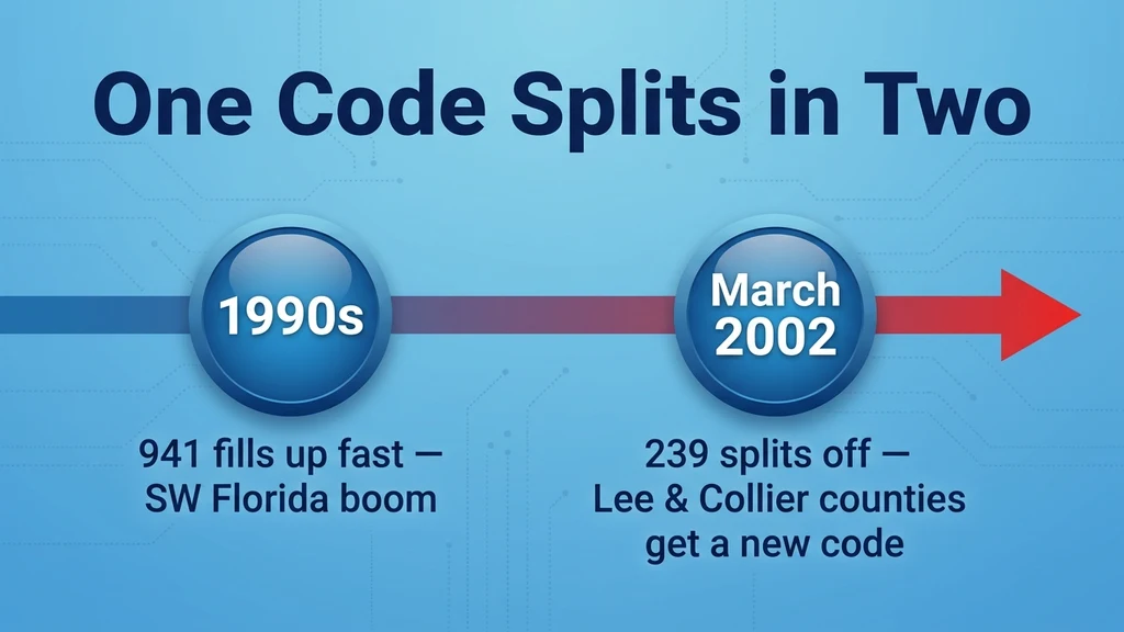 Timeline graphic showing area code 941 splitting into 941 and 239 in March 2002, with Southwest Florida becoming the new 239 territory