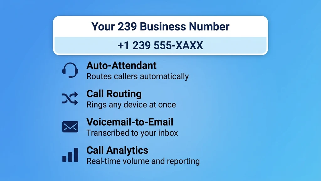 A 239 phone number format box next to a list of UCaaS features: auto-attendant, call routing, voicemail-to-email, and call analytics