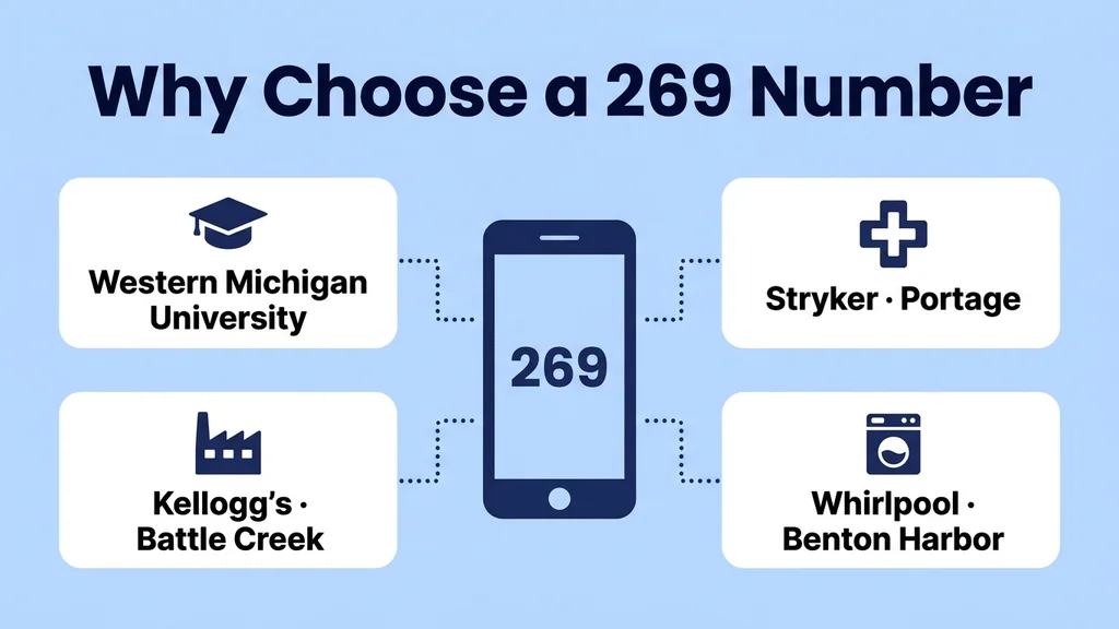 Infographic showing phone with 269 surrounded by four boxes: Western Michigan University, Kellogg's Battle Creek, Stryker Portage, Whirlpool Benton Harbor