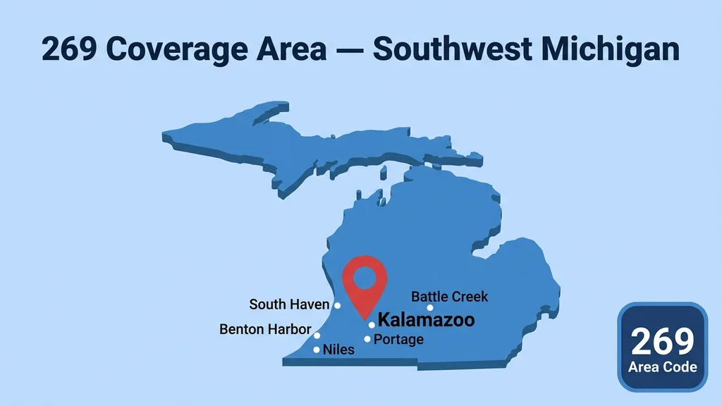 3D Michigan state map with red pin on Kalamazoo and white dot markers for Battle Creek, Benton Harbor, Portage, Niles, and South Haven
