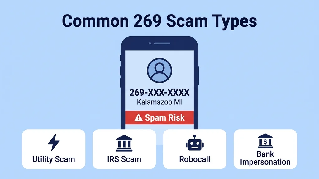 Phone screen showing 269-XXX-XXXX Kalamazoo MI with Spam Risk banner, below four scam type icons: Utility Scam, IRS Scam, Robocall, Bank Impersonation