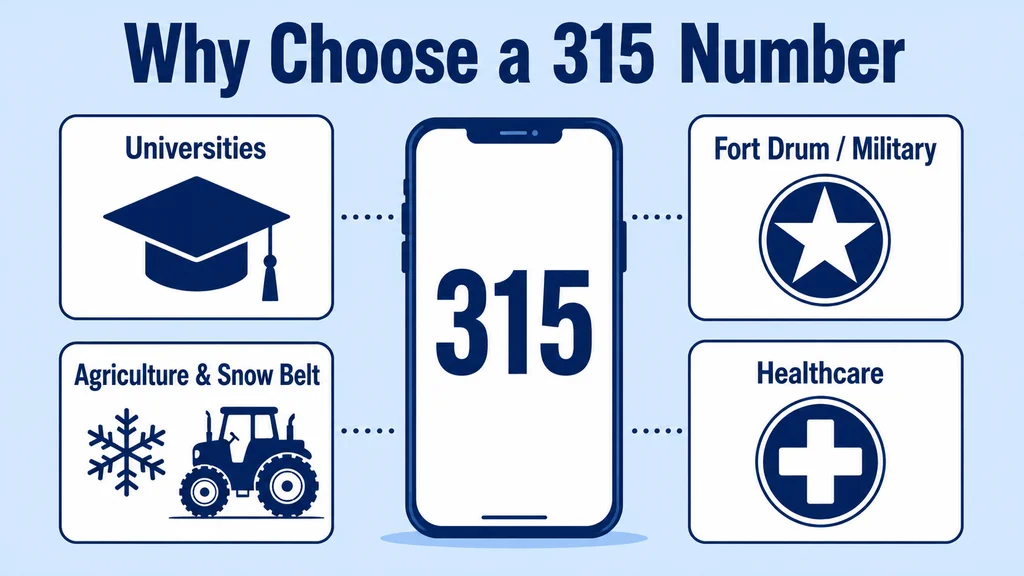 Four labeled boxes showing a graduation cap for Universities, a military star for Fort Drum, a snowflake and tractor for Agriculture and Snow Belt, and a medical cross for Healthcare around a phone showing 315