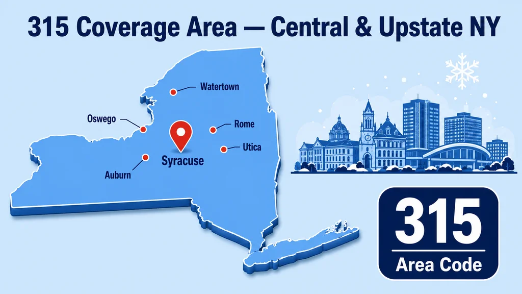 New York state map with a red pin on Syracuse and labeled dots for Utica, Rome, Watertown, Oswego and Auburn across the 315 coverage region of Central and Upstate New York