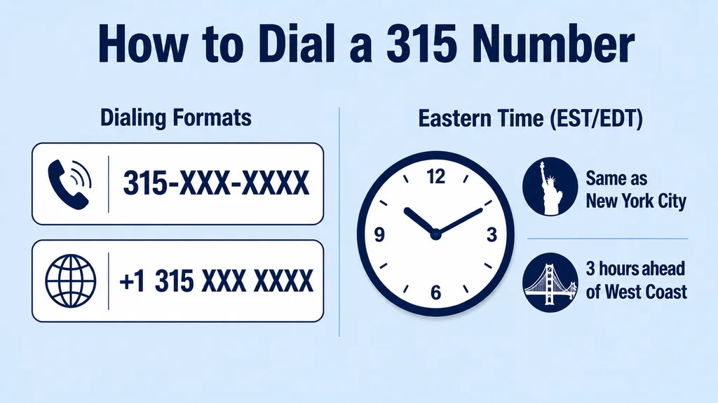Dialing guide graphic showing domestic 315-XXX-XXXX, international +1-315-XXX-XXXX and an Eastern Time clock compared to Central and Pacific time rows