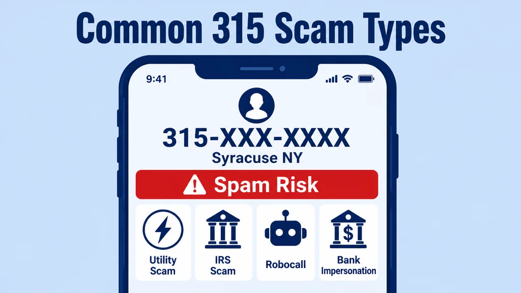 Smartphone screen showing 315-XXX-XXXX Syracuse NY incoming call with Spam Risk warning and icons for utility scam, IRS scam, robocall and bank impersonation