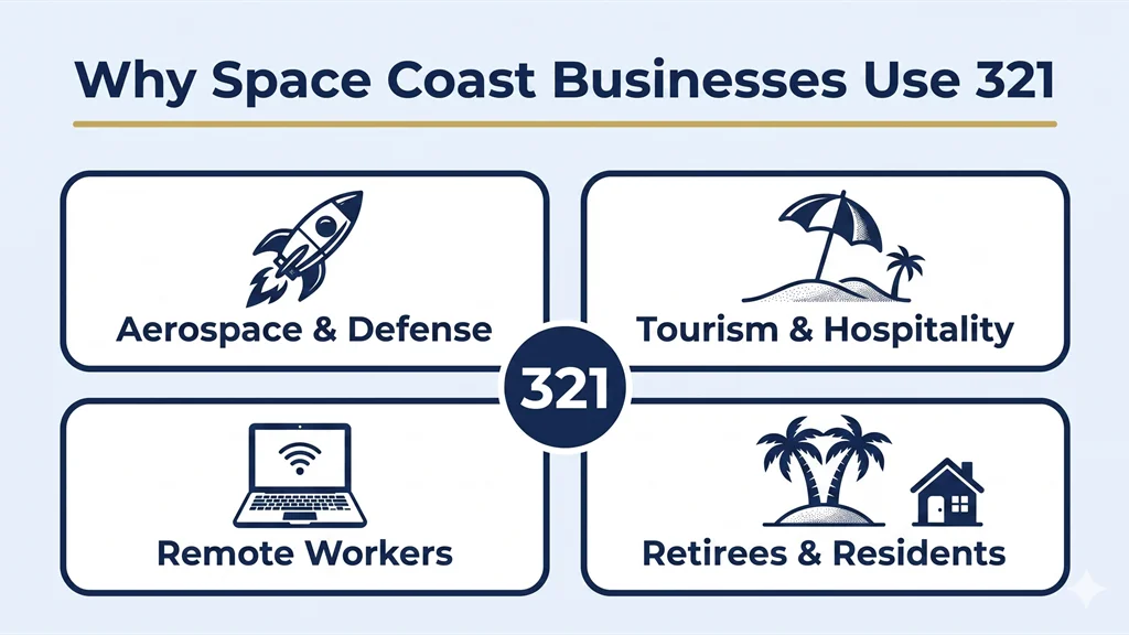 Four rounded cards on a light blue background showing a rocket icon for Aerospace, a beach umbrella for Tourism, a laptop for Remote Workers, and a palm tree for Retirees, grouped around a phone showing 321