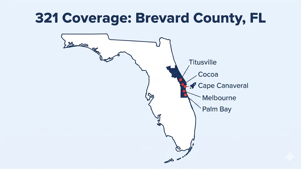 Florida map with a red pin on Cape Canaveral and labeled city dots for Melbourne, Palm Bay, Titusville, Cocoa, and Cocoa Beach across the 321 Space Coast coverage region of Brevard County