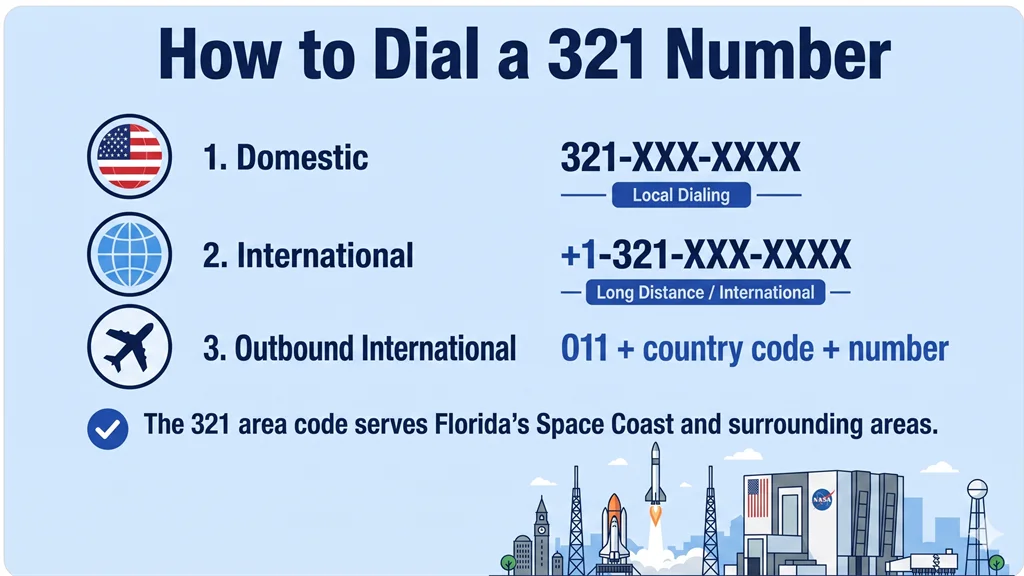 Dialing guide showing domestic 321-XXX-XXXX and international +1-321-XXX-XXXX formats with an Eastern Time clock and Pacific comparison row, rocket launch icon on blue Space Coast background