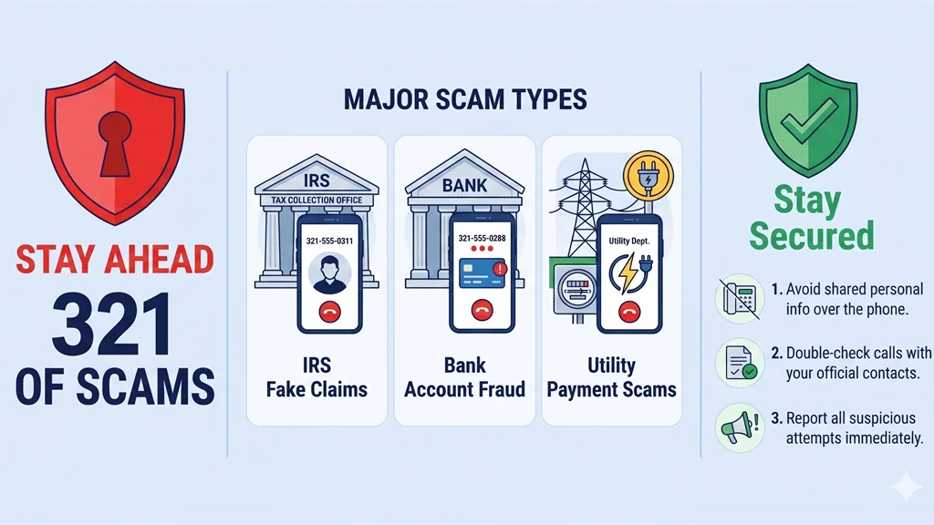 Smartphone screen showing 321-XXX-XXXX Cape Canaveral FL incoming call with Spam Risk label and three warning cards for IRS impersonation, utility shut-off threat, and neighbor spoofing on a red alert background