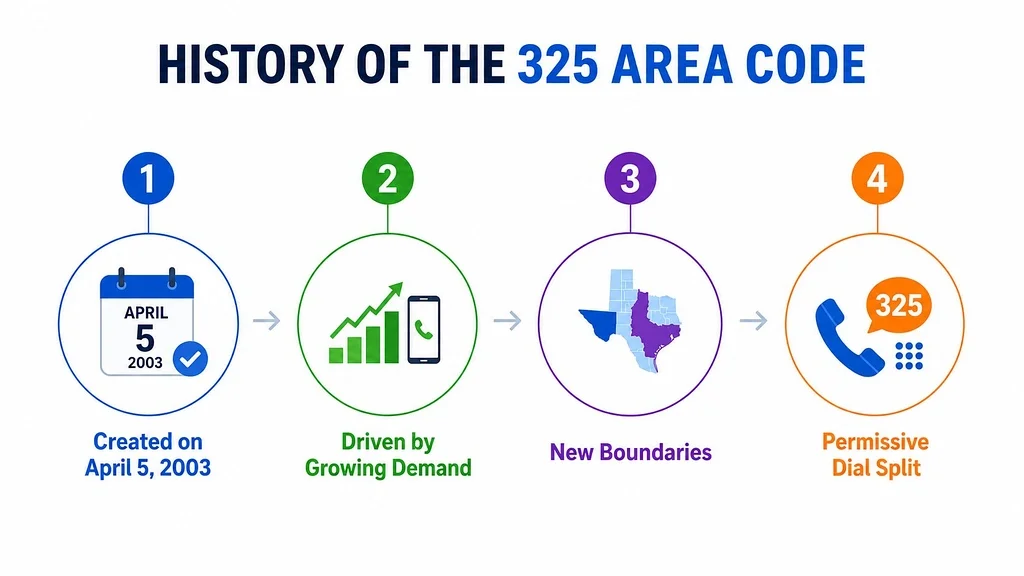 History of the 325 area code — created April 5 2003, driven by growing demand, new boundaries split from 915, and permissive dial split