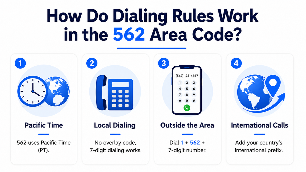 How do dialing rules work in the 562 area code — Pacific Time, local dialing, dialing from outside the area, and international calls