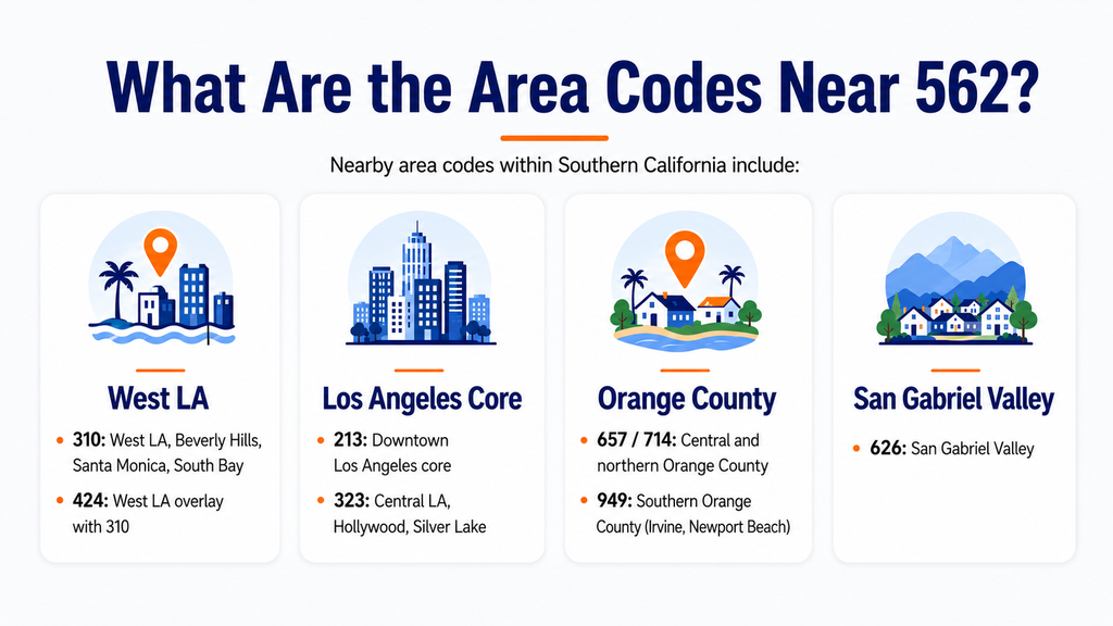 What are the area codes near 562 — West LA (310, 424), Los Angeles core (213, 323), Orange County (657/714, 949), and San Gabriel Valley (626)