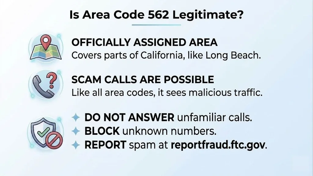 Is area code 562 legitimate — officially assigned area, scam calls possible, do not answer, block, and report spam to the FTC