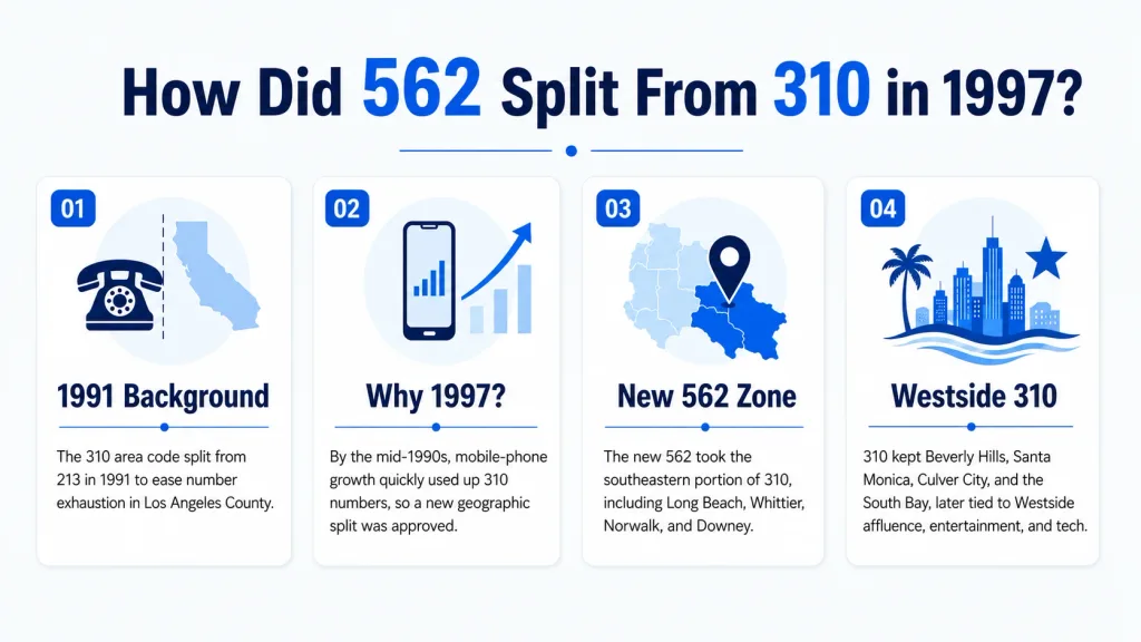 How did 562 split from 310 in 1997 — 1991 background, why 1997, new 562 zone, and Westside 310