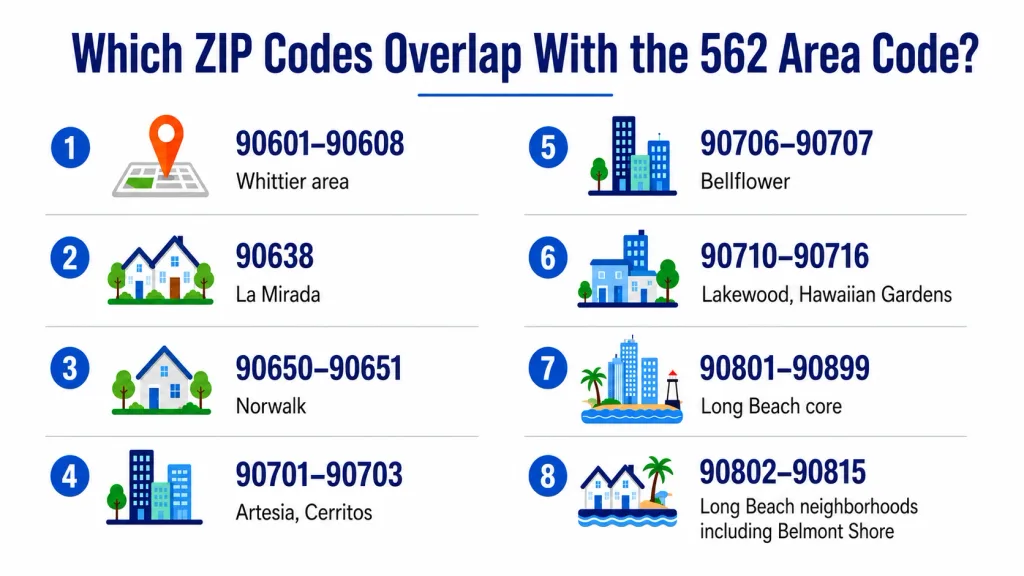 Which ZIP codes overlap with the 562 area code — Whittier, La Mirada, Norwalk, Artesia, Cerritos, Bellflower, Lakewood, and Long Beach ranges