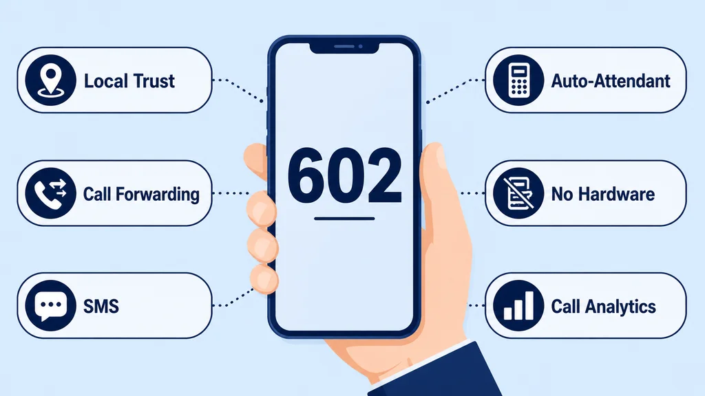 Hand holding a phone showing 602 surrounded by business benefit labels: Local Trust, Call Forwarding, SMS, Auto-Attendant, No Hardware, Call Analytics