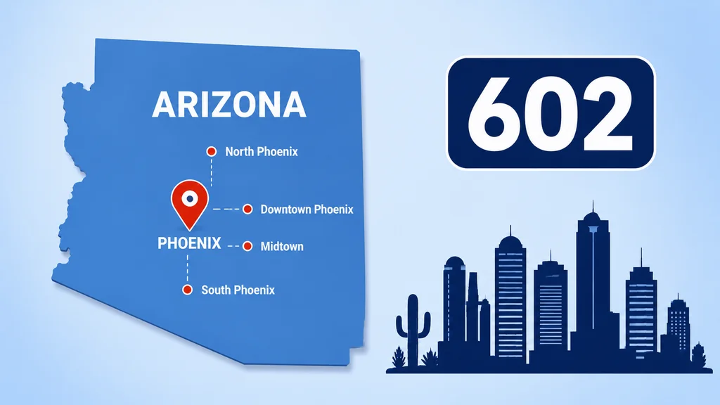 Arizona state map with red pins marking Downtown Phoenix, Midtown, South Phoenix and North Phoenix inside the 602 coverage zone in Maricopa County