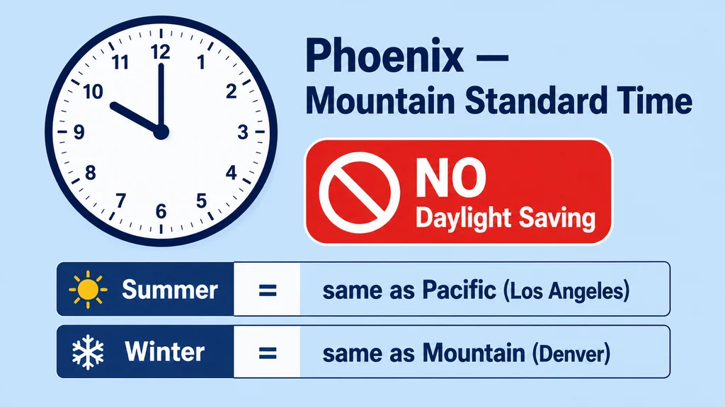 Clock graphic showing Phoenix on Mountain Standard Time with a no-daylight-saving badge, compared against Pacific and Eastern time rows