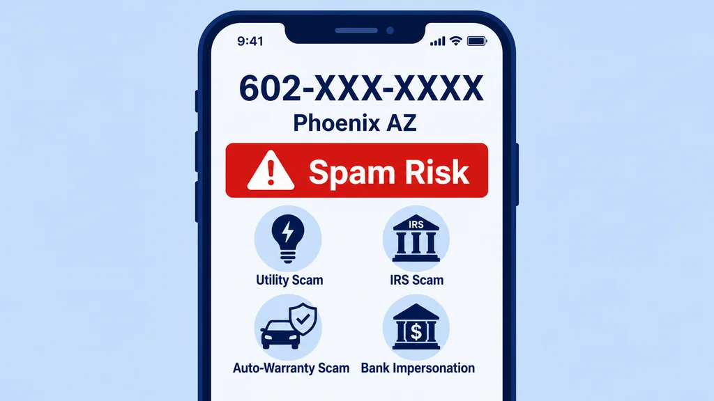 Smartphone screen showing 602-XXX-XXXX Phoenix AZ incoming call with Spam Risk warning and icons for utility scam, IRS scam, auto-warranty scam and bank impersonation