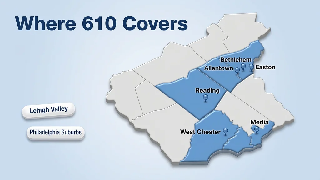 Dimensional county map of the 610 area code with Lehigh, Northampton, Berks, Chester, and Delaware counties highlighted in blue, and pins marking Allentown, Bethlehem, Easton, Reading, West Chester, and Media