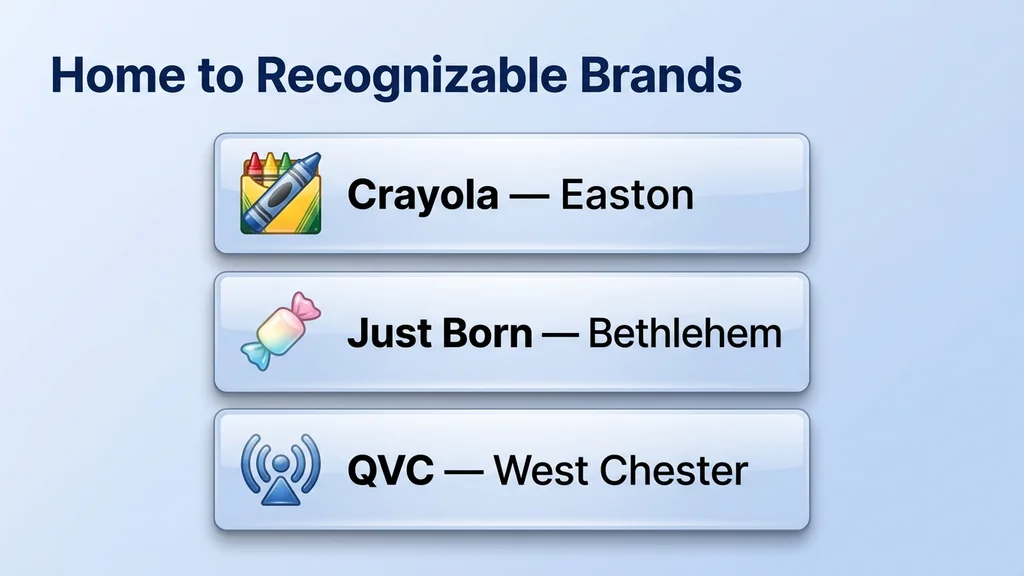 Vertical panel strip of three regional employers inside the 610 area code — Crayola crayon factory in Easton, Just Born candy maker in Bethlehem, and QVC broadcast studio in West Chester — each shown with one icon and a short caption