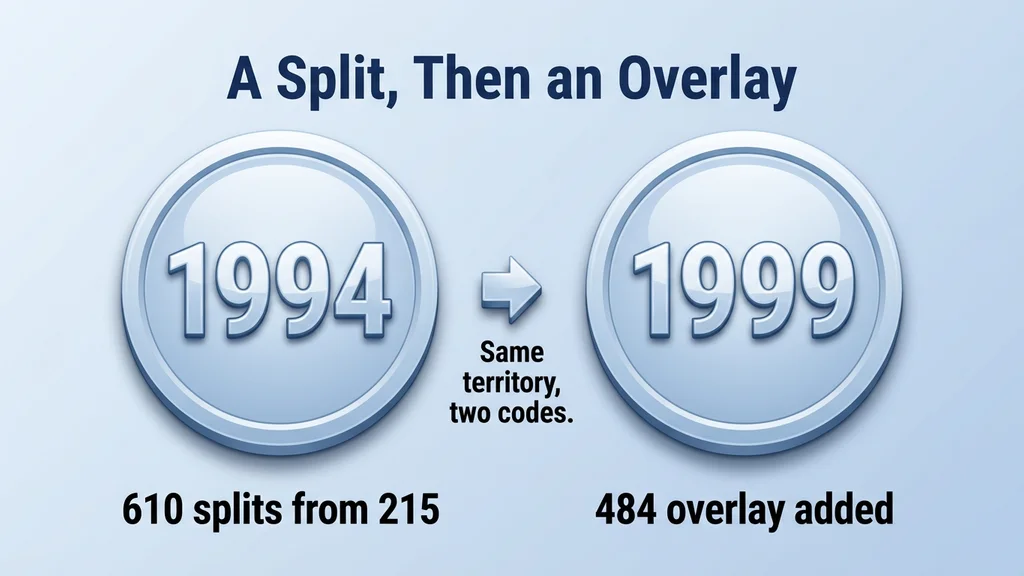 Two labeled milestone badges showing 610 created in 1994 as a geographic split from area code 215, and 484 added in 1999 as an overlay covering the same 610 territory