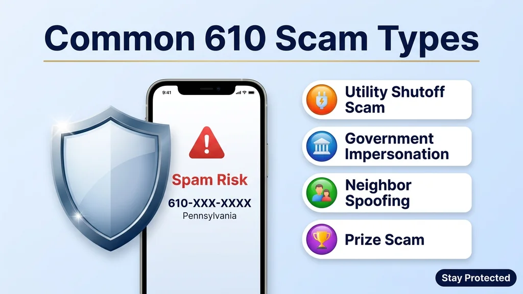 Shield icon beside a smartphone showing a masked 610-XXX-XXXX call with a spam risk warning, next to four labeled scam-type cards for utility shutoff scams, government impersonation, neighbor spoofing, and prize scams