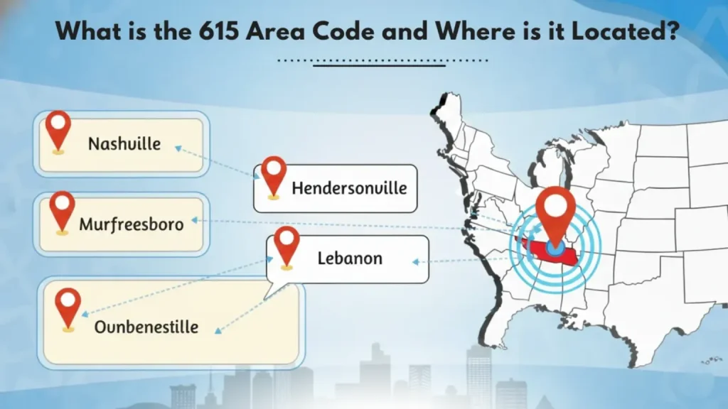 615 area code coverage map showing Nashville and Middle Tennessee cities