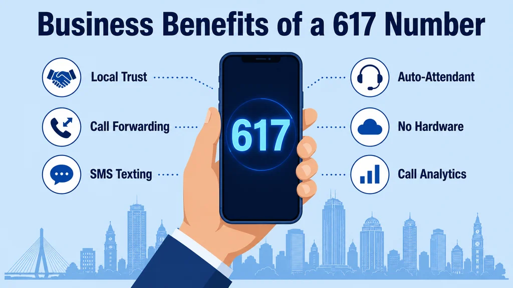 Illustration of a hand holding a phone showing 617 surrounded by business benefit labels: Local Trust, Call Forwarding, SMS Texting, Auto-Attendant, No Hardware, Call Analytics