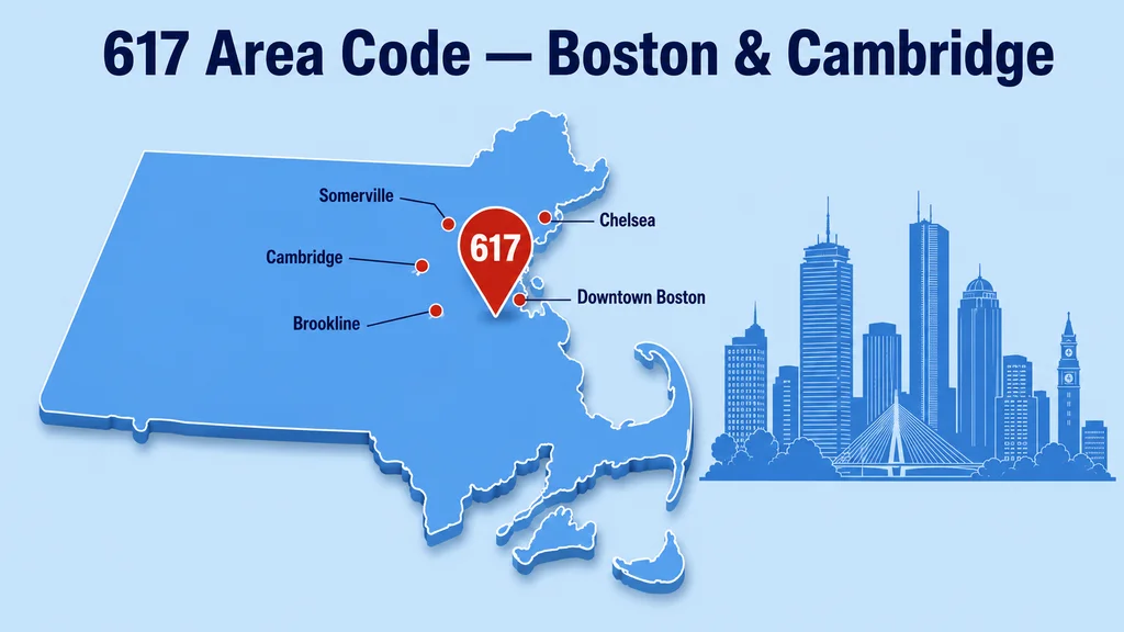 Massachusetts state map with red pins showing Downtown Boston, Cambridge, Brookline, Somerville and Chelsea in the 617 coverage area