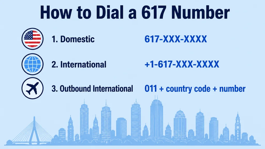 Dialing guide showing domestic 617-XXX-XXXX, international +1-617-XXX-XXXX and outbound international format for Boston calls