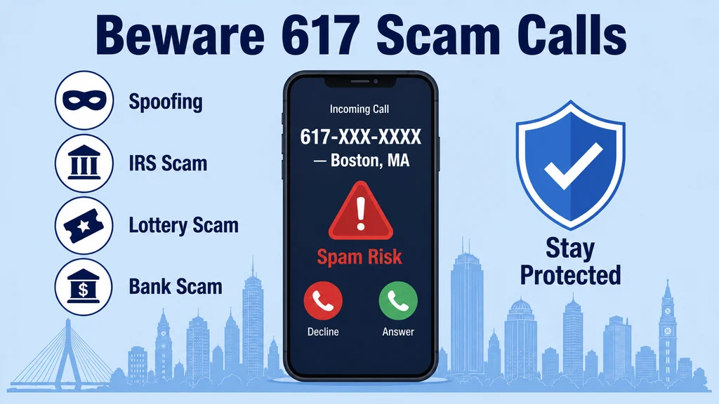 Smartphone screen showing 617-XXX-XXXX Boston MA incoming call with Spam Risk warning, listing spoofing, IRS scam, lottery scam and bank scam types