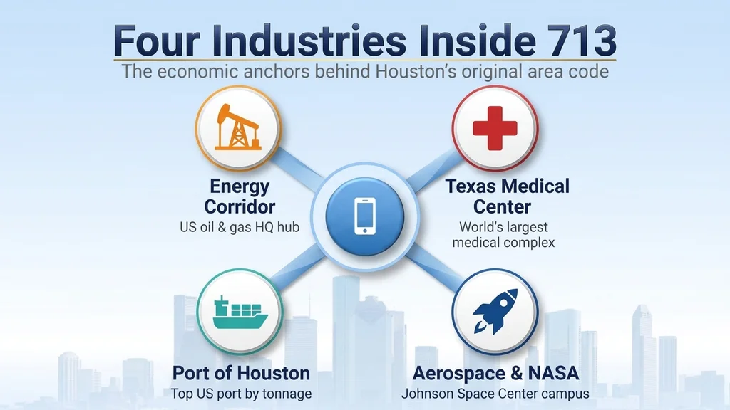 Infographic of the four economic anchors inside the 713 area code with icons for the Energy Corridor oil-and-gas towers, the Texas Medical Center, the Port of Houston, and the aerospace and NASA corridor