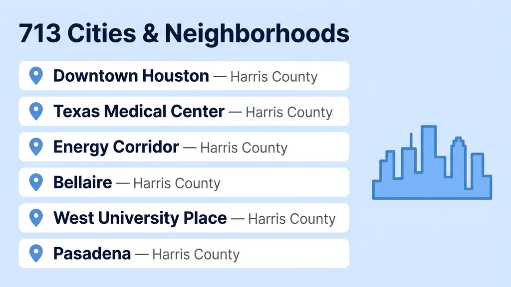 List of 713 area code cities and neighborhoods with pin icons for Downtown Houston, the Texas Medical Center, the Energy Corridor, Bellaire, West University Place, and Pasadena