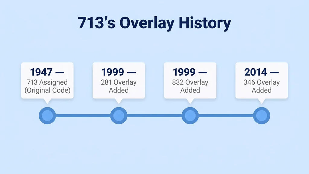 Timeline of the 713 area code overlay history showing 1947 original assignment, 1999 addition of the 281 and 832 overlays, and the 2014 addition of the 346 overlay
